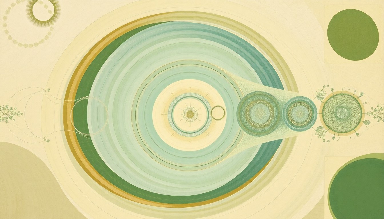 A bold, highly structured abstract painting in soft, earthy tones of green, blue, and brown, visualizing the complex interconnected systems of a salt marsh ecosystem through sweeping geometric arcs, concentric circles, intersecting waveforms, and precise botanical spirals, conveying the structural order and fragility of this vital coastal habitat.