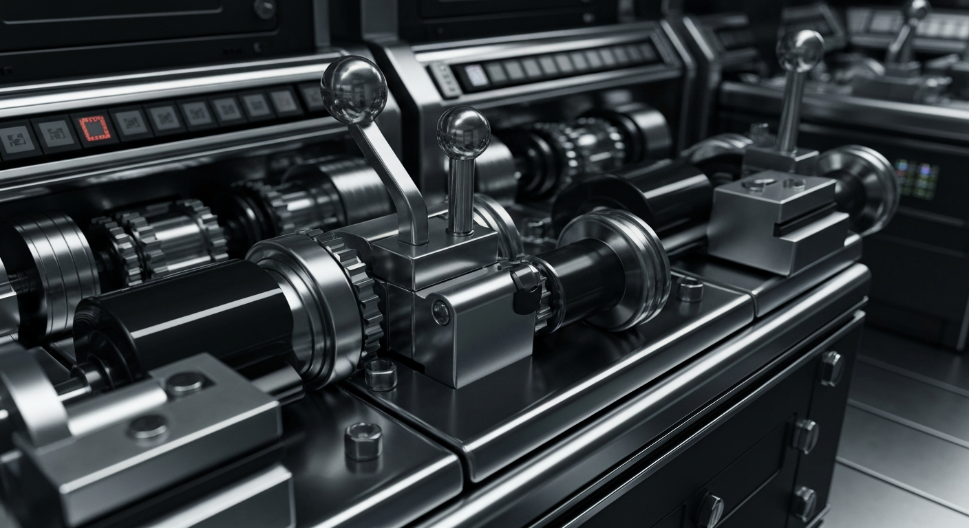 An extreme close-up of various metal and electronic components that make up the inner workings of a complex banking or financial institution, conveying a sense of institutional power and the complex infrastructure behind global investments.