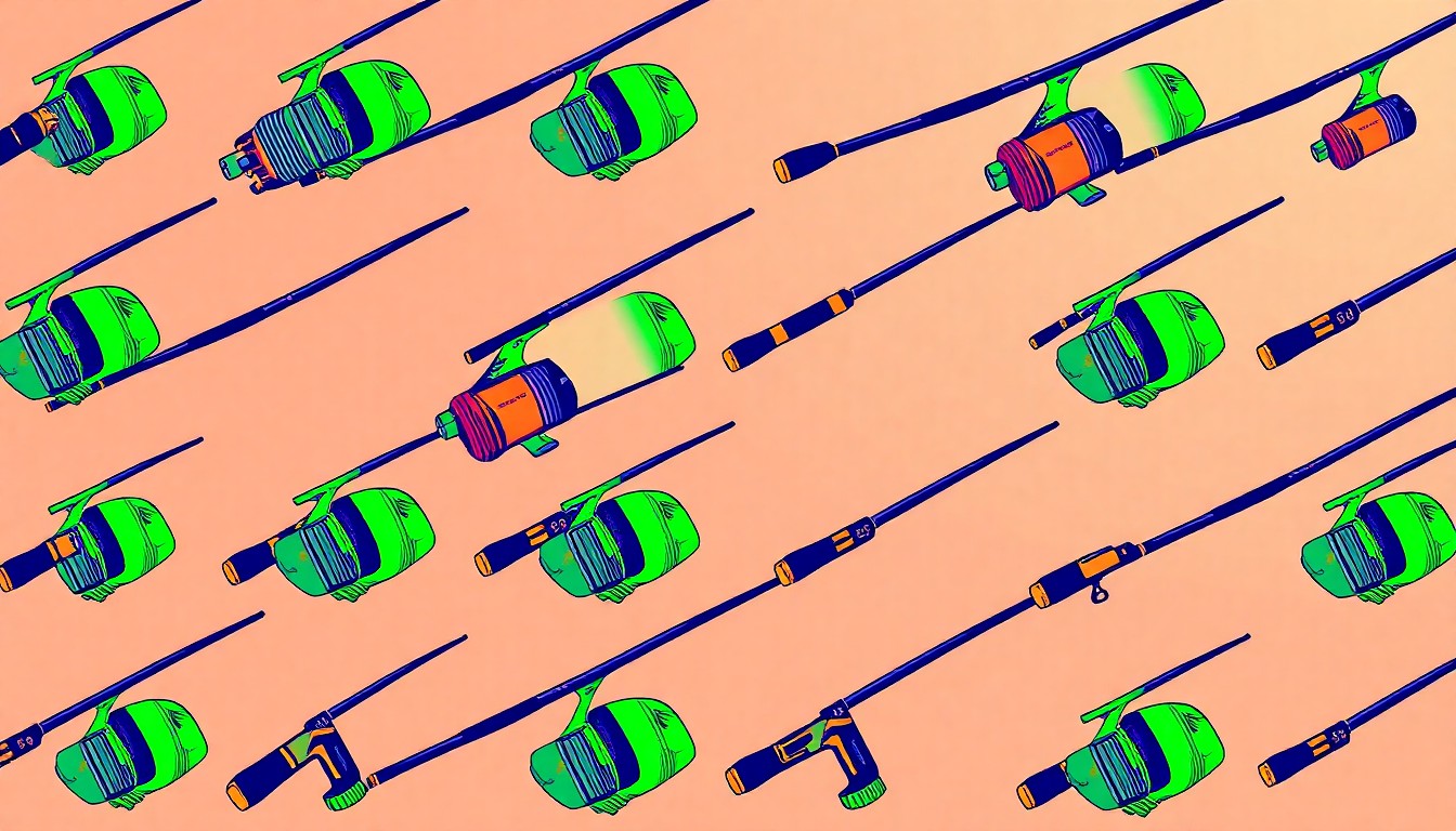 A visually striking, abstract grid of brightly colored fishing rods and reels, conceptually representing the energy and community spirit of an outdoor gear retailer's annual block party.