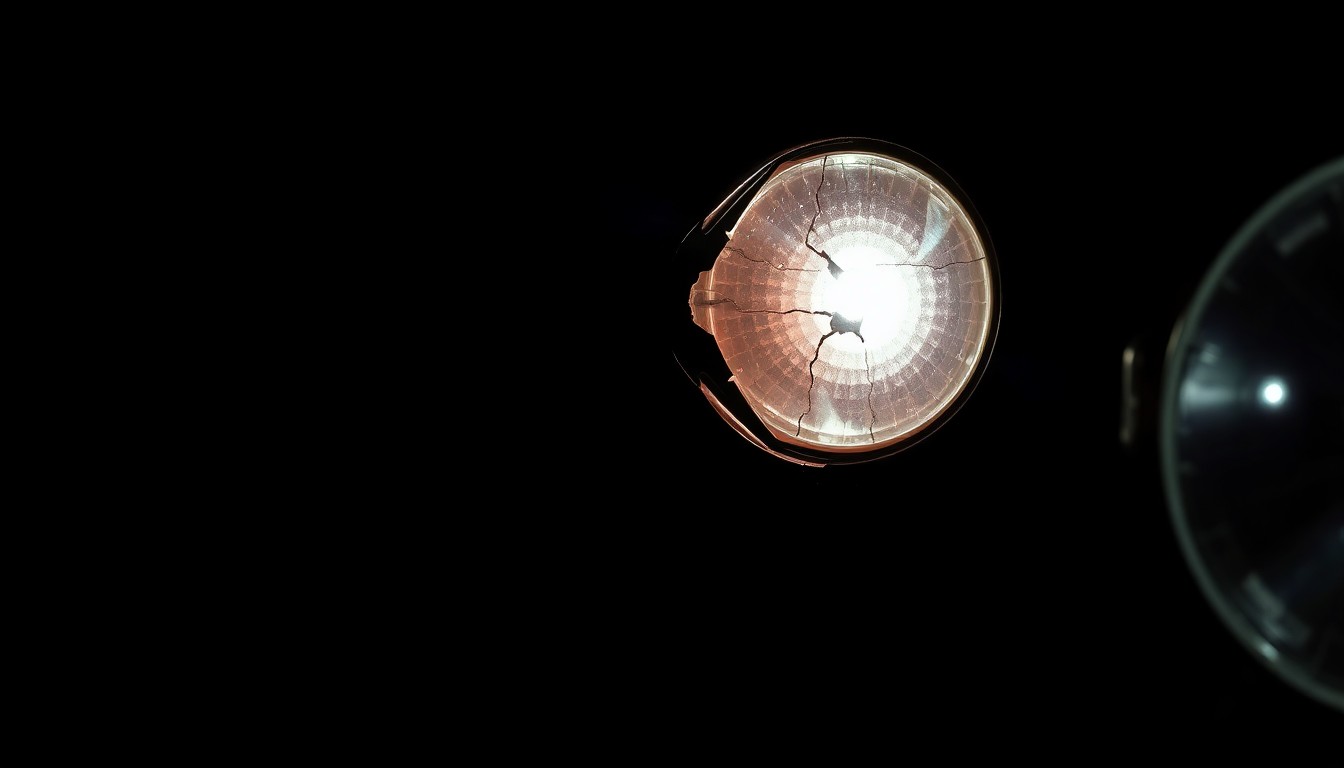 An extreme close-up photograph of a cracked motorcycle taillight, capturing the stark, gritty aftermath of a serious traffic accident.