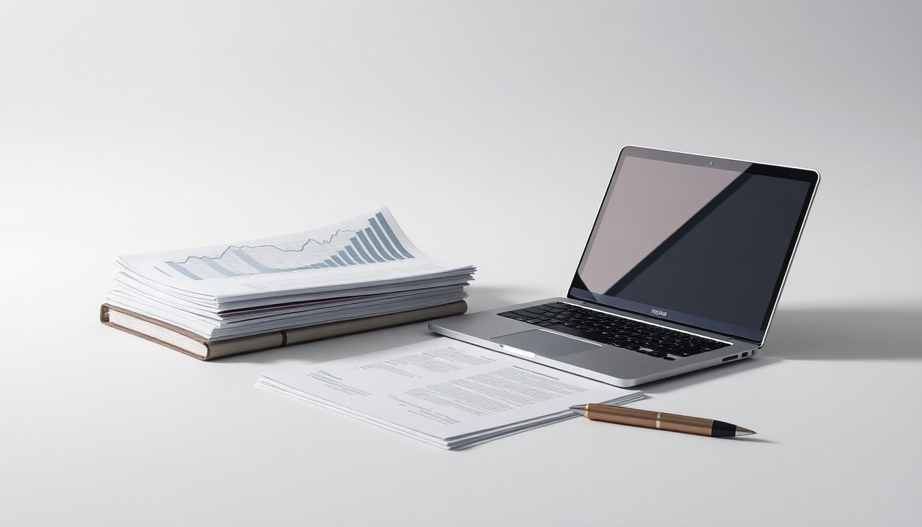 A photorealistic studio still life featuring a stack of financial reports, a laptop, and a pen on a clean, monochromatic background, symbolizing the abstract challenges of middle market growth and corporate strategy.