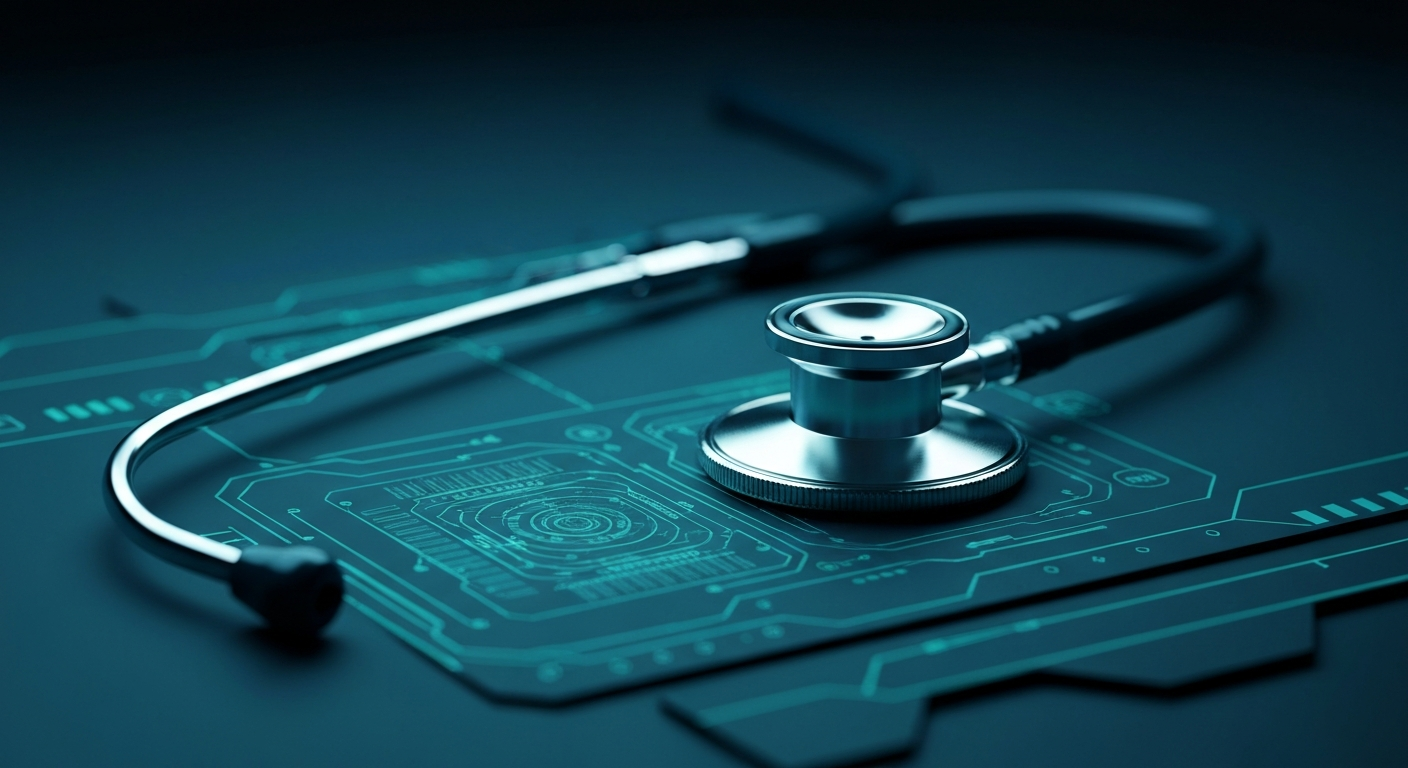 A glowing neon outline of a stethoscope against a dark background, representing the integration of advanced technology into healthcare workflows.