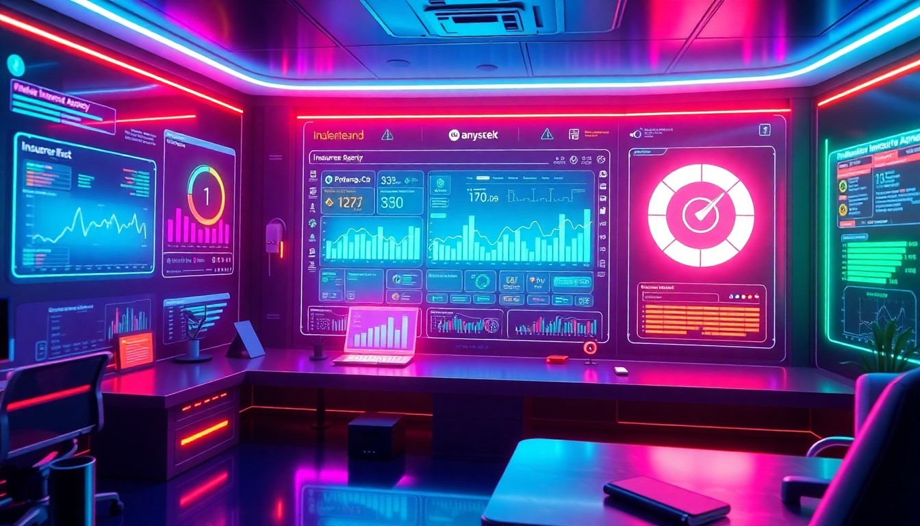 A highly detailed, 3D illustration of a futuristic insurance agency dashboard, featuring glowing neon-lit data visualizations and workflow automation tools. The scene is bathed in a cool, cyberpunk-inspired color palette, creating a sense of technological sophistication and innovation.