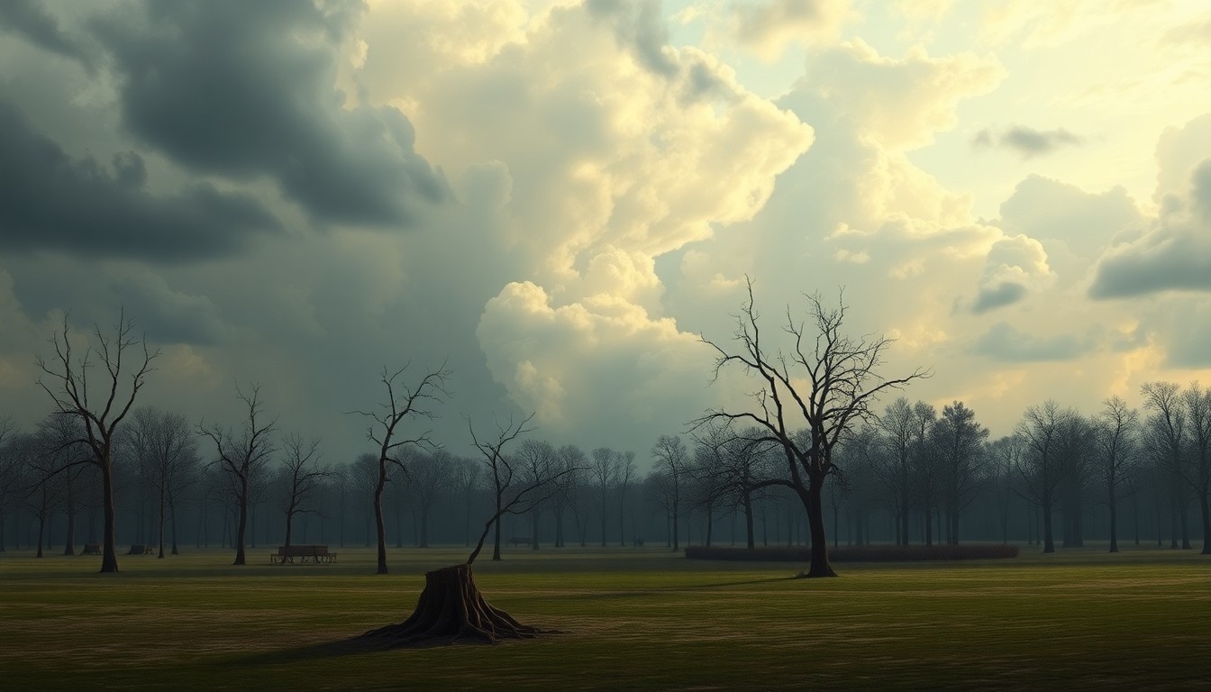 A vast, atmospheric landscape painting depicting a wide-open park devoid of trees, with a few remaining stumps and bare branches silhouetted against a dramatic, moody sky, conveying a sense of melancholy and the overwhelming scale of the natural disaster's impact.