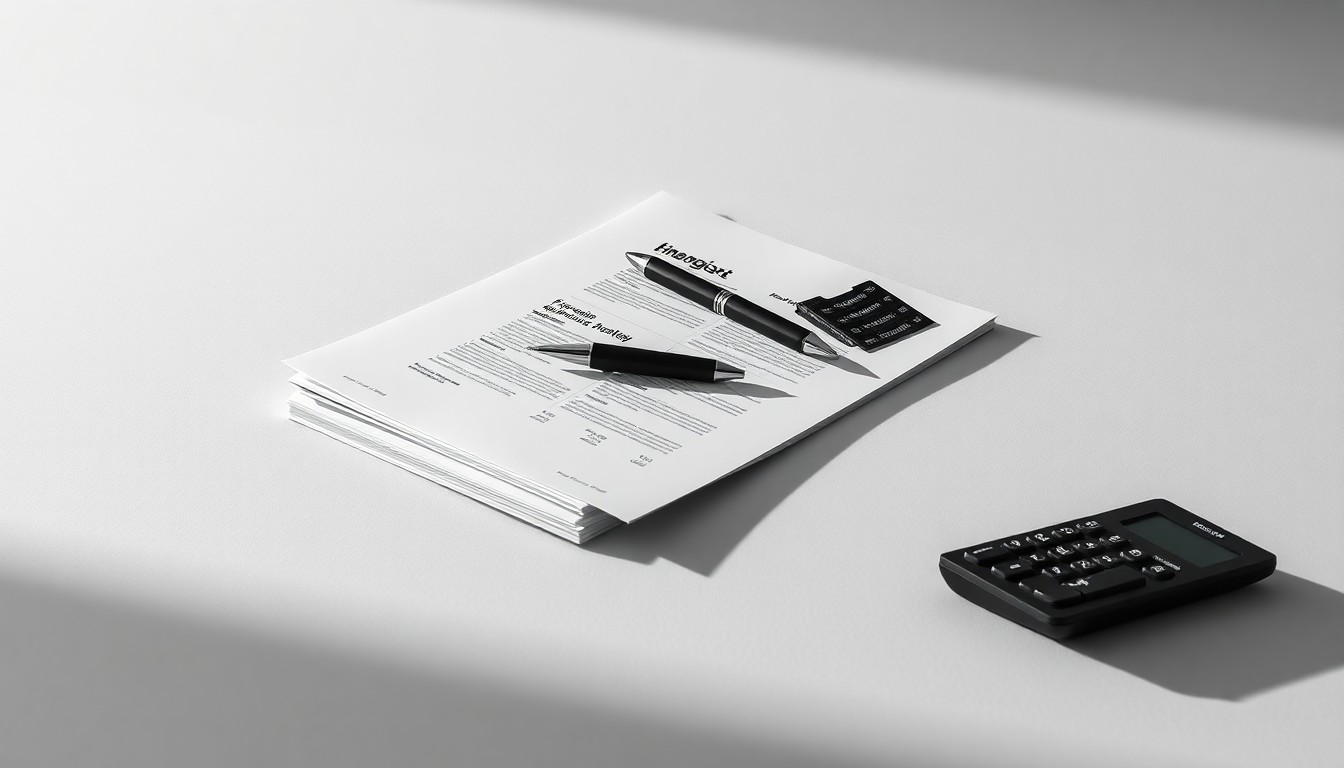 A photorealistic studio shot featuring a stack of financial reports, a pen, and a calculator arranged on a clean, grey background, symbolizing the abstract concepts of corporate strategy and financial management.