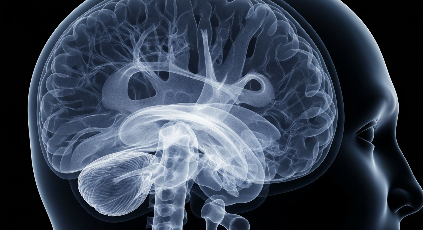 A ghostly, translucent X-ray image revealing the intricate structures and pathways of the human brain, visually representing how craving can dynamically reshape the brain's decision-making processes.