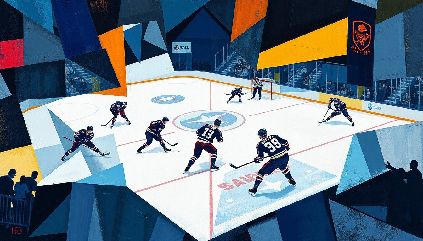 A cubist, geometric painting depicting the action of a hockey game between two teams, with the players and the ice deconstructed into overlapping planes of color and abstract shapes.