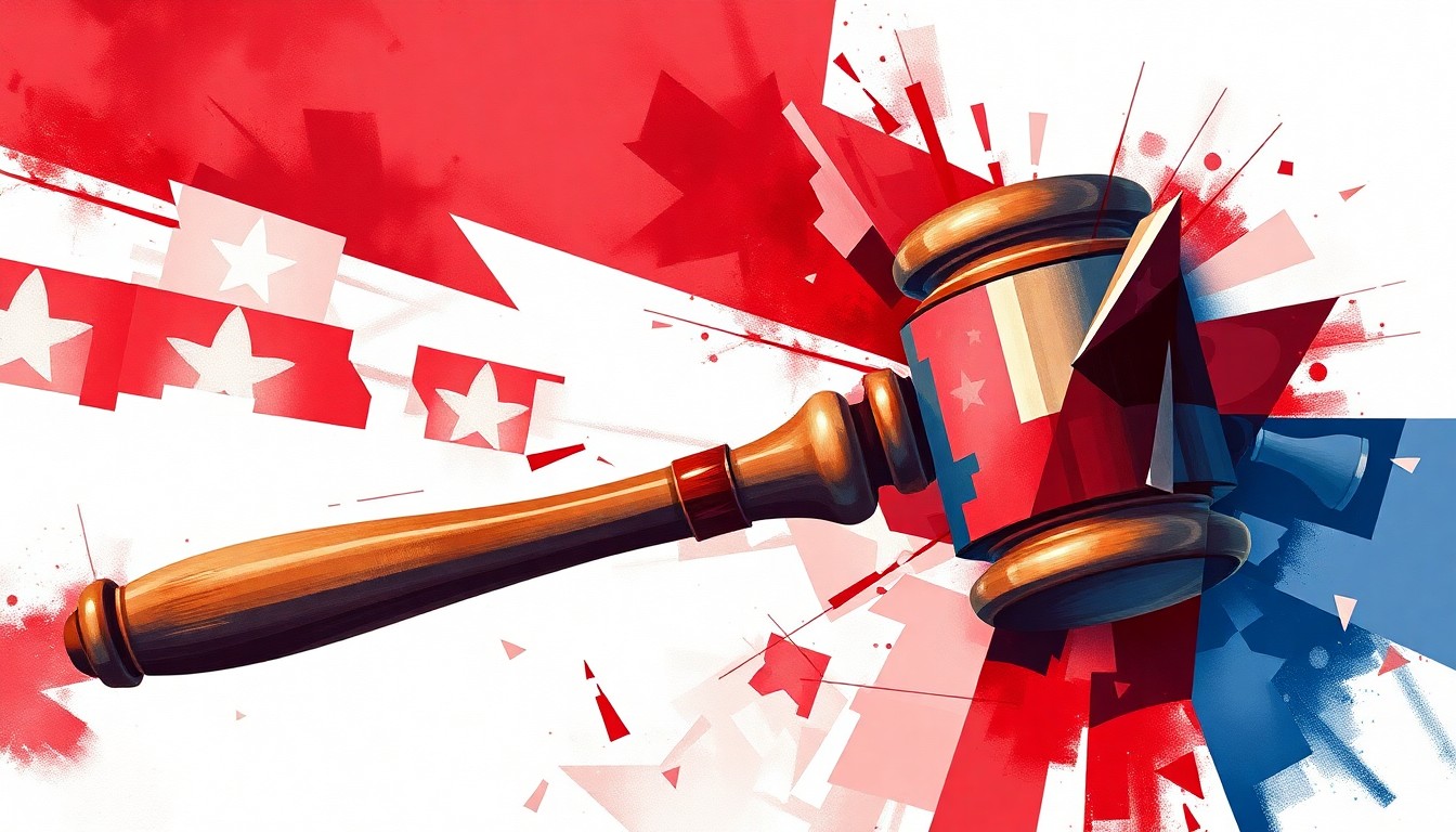 A fractured, abstract painting in red, white, and blue hues, depicting a political symbol such as a gavel in a chaotic, fragmented style, conceptually representing the divisive nature of modern American politics.