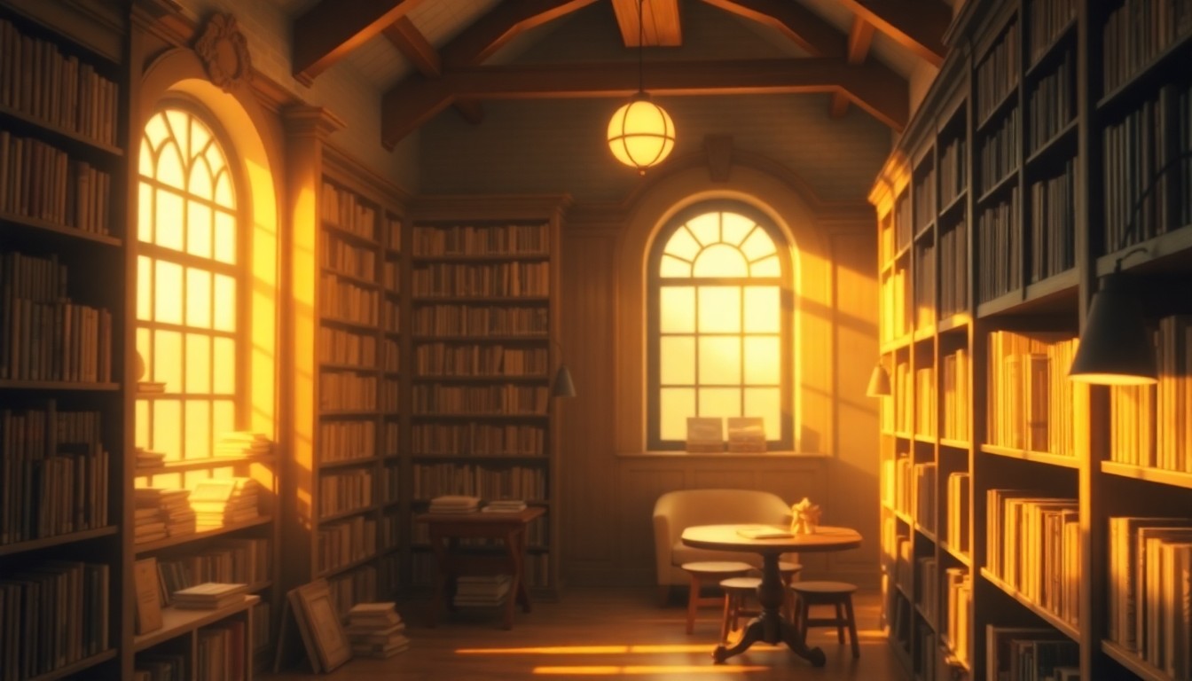 A blurred, impressionistic photograph of a cozy library interior, with bookshelves and reading nooks visible through a hazy, golden light, conveying a sense of artistic inspiration and community.
