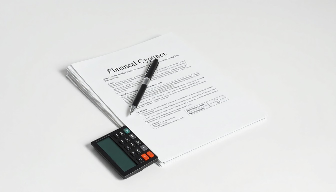 A photorealistic studio still life featuring a stack of financial documents, a pen, and a calculator arranged elegantly on a clean, white background, symbolizing the abstract concepts of corporate compliance and regulatory oversight.