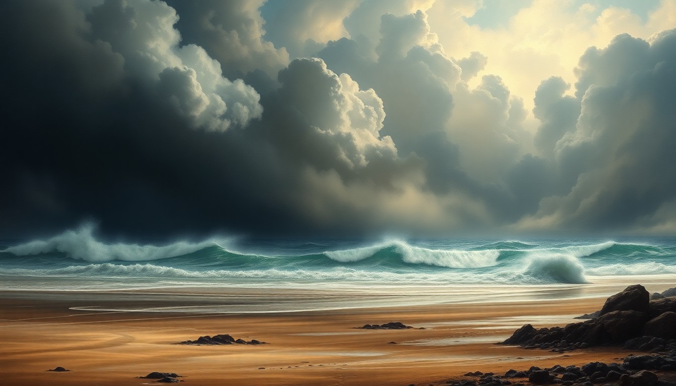 A sweeping, atmospheric landscape painting in muted tones of gray, blue, and green, depicting a stormy beach scene with crashing waves and heavy clouds obscuring the horizon, conveying the sublime power of the natural world.