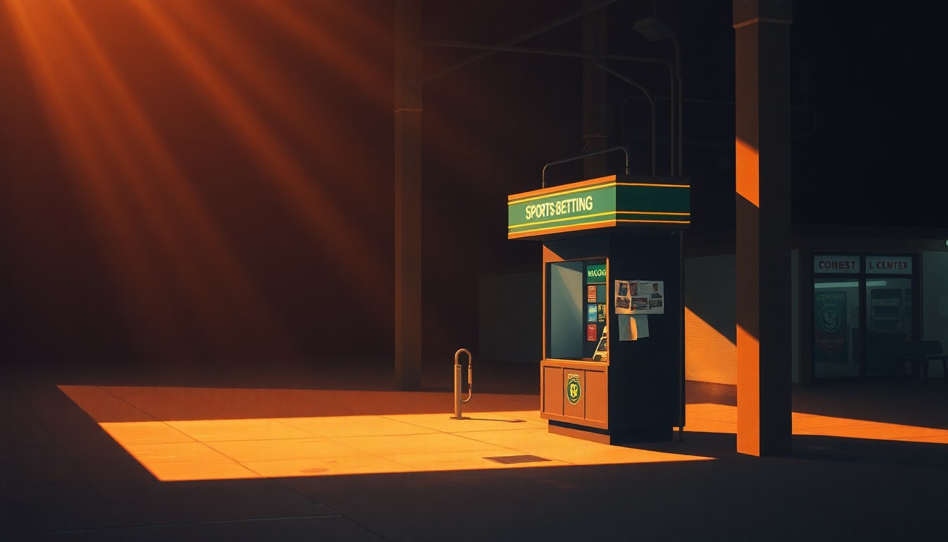 A dimly lit, urban scene with a solitary sports betting kiosk bathed in warm, diagonal sunlight and deep shadows, conceptually illustrating the tribes' push for online sports wagering.