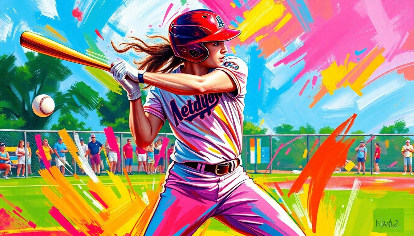 An abstract, energetic painting featuring bold, neon-colored brushstrokes that capture the dynamic motion and power of a high school softball player hitting a home run.