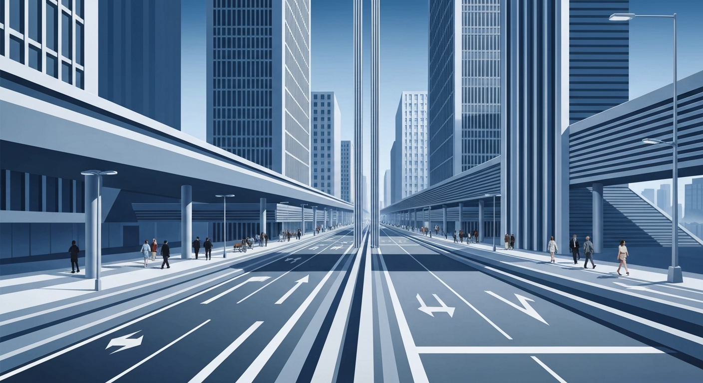 A highly stylized, geometric illustration depicting the sweeping, modernist vision for the redesigned Flatbush Avenue in Brooklyn, with sleek, streamlined forms representing the new bus lanes, pedestrian spaces, and transportation infrastructure.