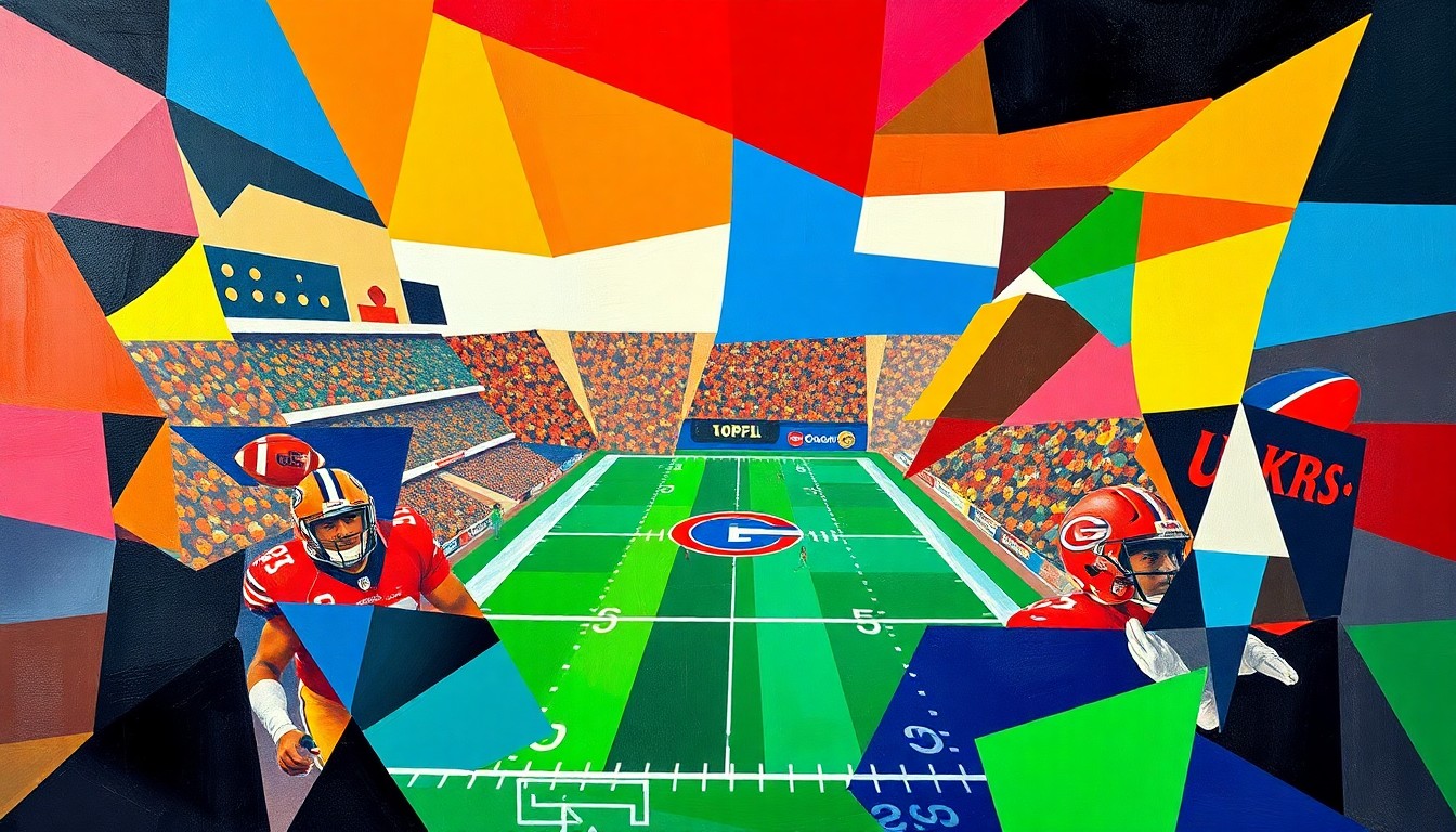 A cubist, geometric painting depicting a fragmented football game, using bold colors and overlapping shapes to capture the dynamic energy of the sport.