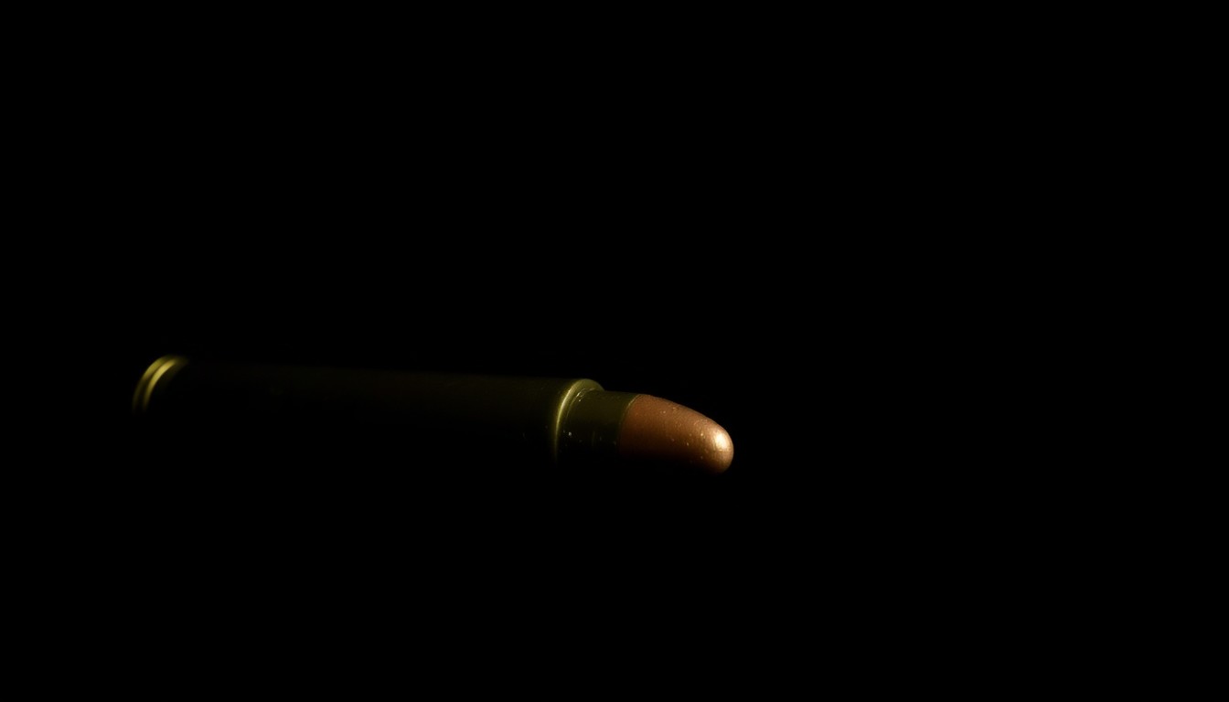 An extreme close-up of a single bullet casing, reflecting a bright flash of light, conceptually representing the issue of youth gun violence in the city.