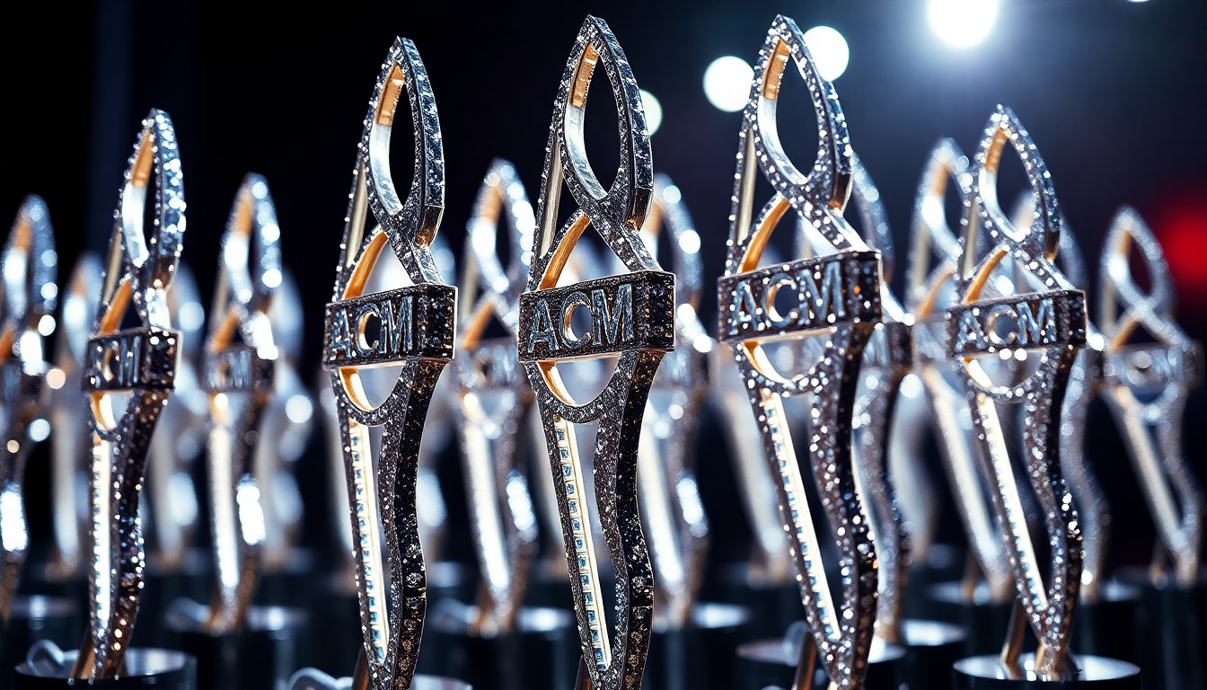 An extreme close-up of the shiny, metallic surfaces of country music award statuettes, captured in dramatic studio lighting that highlights the luxurious textures and reflective qualities of the objects.