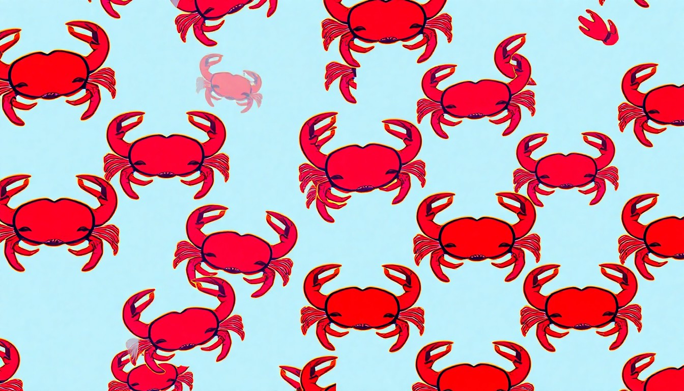 A bold, colorful silkscreen print featuring a repeated image of a crab in a grid pattern, capturing the lively energy and iconic status of the crustacean within the Pacifica Pier crabbing community.