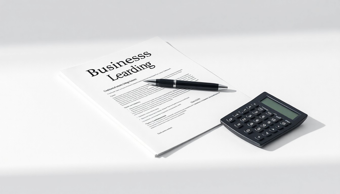 A high-end, photorealistic studio still-life photograph featuring a stack of business loan documents, a pen, and a calculator arranged elegantly on a clean, white seamless background, conceptually representing the abstract concepts of commercial lending, business financing, and credit strategy.