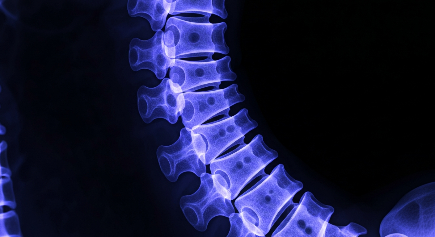 An extreme close-up X-ray photograph of a human spine, with the vertebrae and discs glowing in shades of blue and purple against a dark background, conceptually illustrating the importance of thorough chiropractic examination and documentation after a collision.