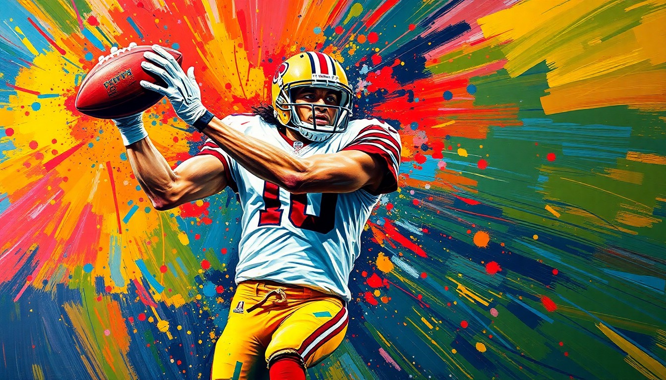 An abstract expressionist painting featuring vibrant neon brushstrokes in shades of orange, yellow, and blue, capturing the dynamic energy and movement of a football player making a play, with the player's features blurred and indistinct.