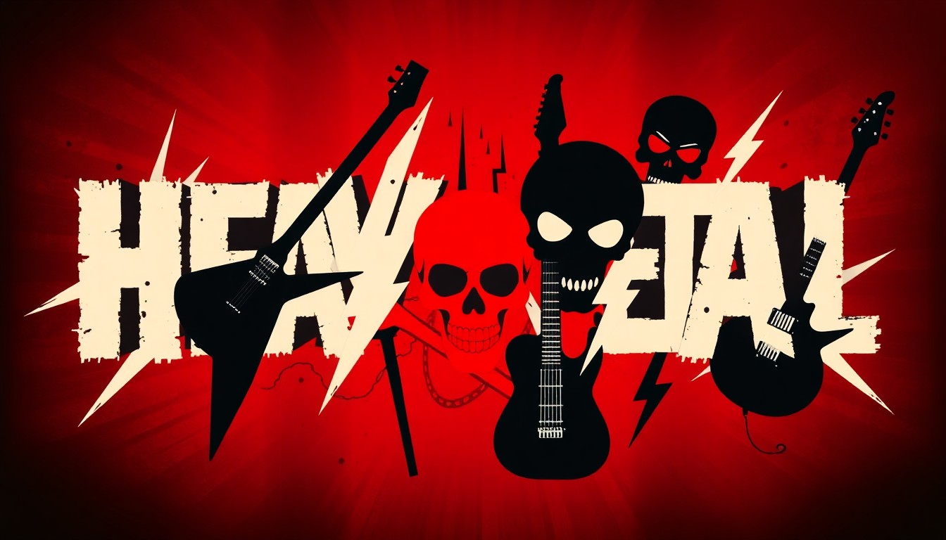 An abstract, minimalist illustration featuring sharp, angular black silhouettes of heavy metal imagery like guitars and skulls, set against a high-contrast background of deep red and black, conceptually representing the dark, moody aesthetic of a new metal-inspired coffee shop.