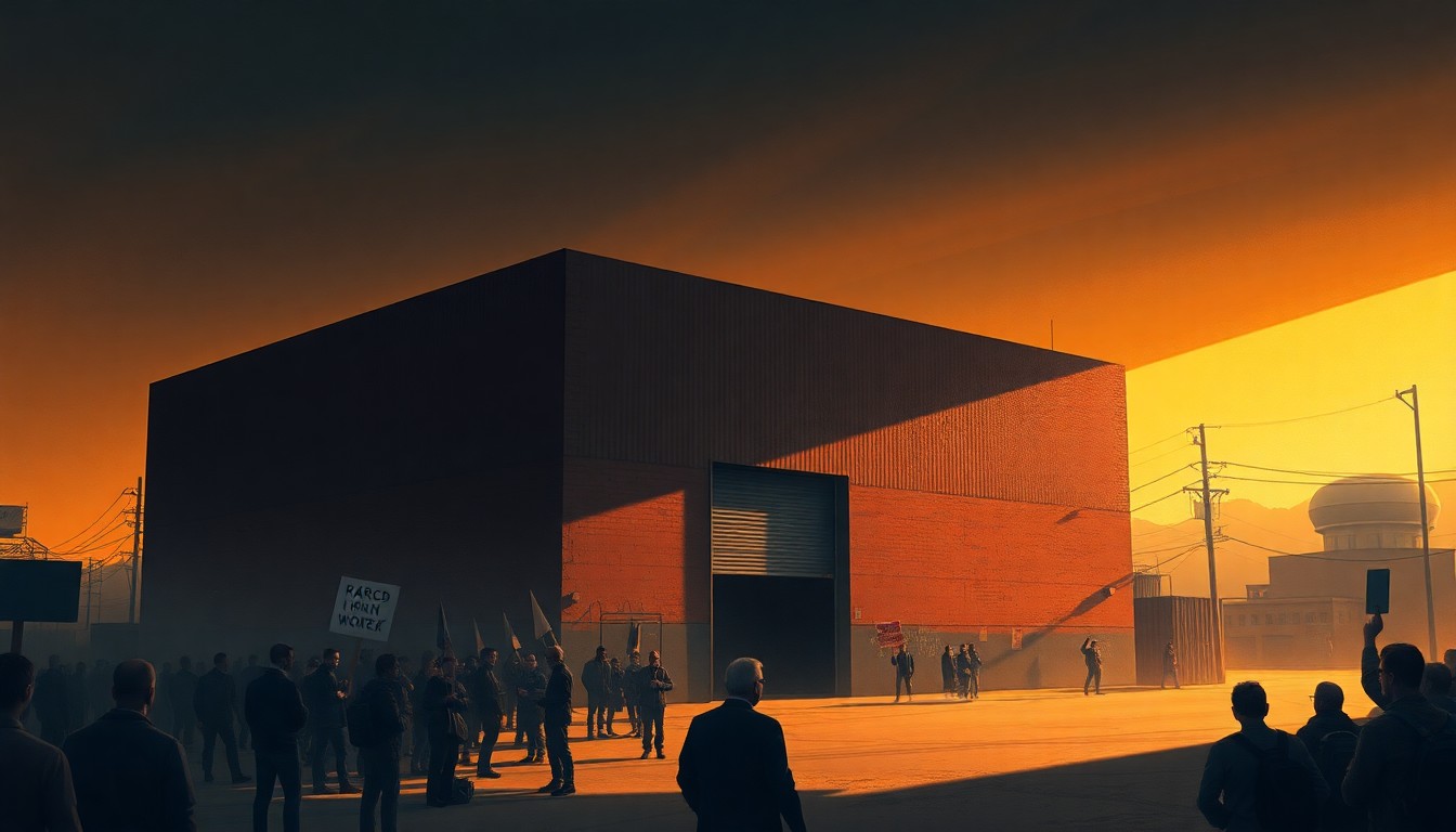 A cinematic painting depicting a large, nondescript warehouse building in muted tones, with a crowd of protesters gathered outside, conveying a sense of political tension and civic unrest.