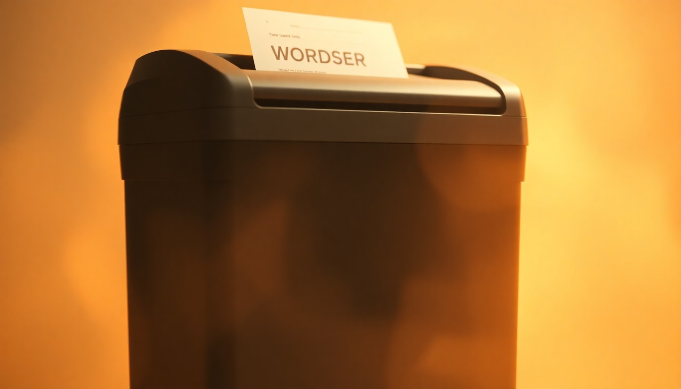 An abstract, blurred image of a shredder machine in a warm, hazy light, conveying the secure disposal of sensitive documents.