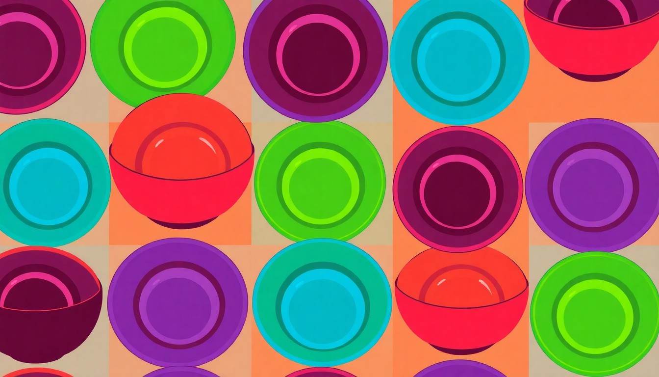 A brightly colored, high-contrast silkscreen print of a ceramic bowl repeated in a tight grid pattern, representing the iconic handcrafted bowls that attendees can take home from the Empty Bowls Festival. The image utilizes flat, vibrant, and unnatural neon color palettes overlapping with heavy black photographic outlines to turn the everyday bowl into modern pop art.
