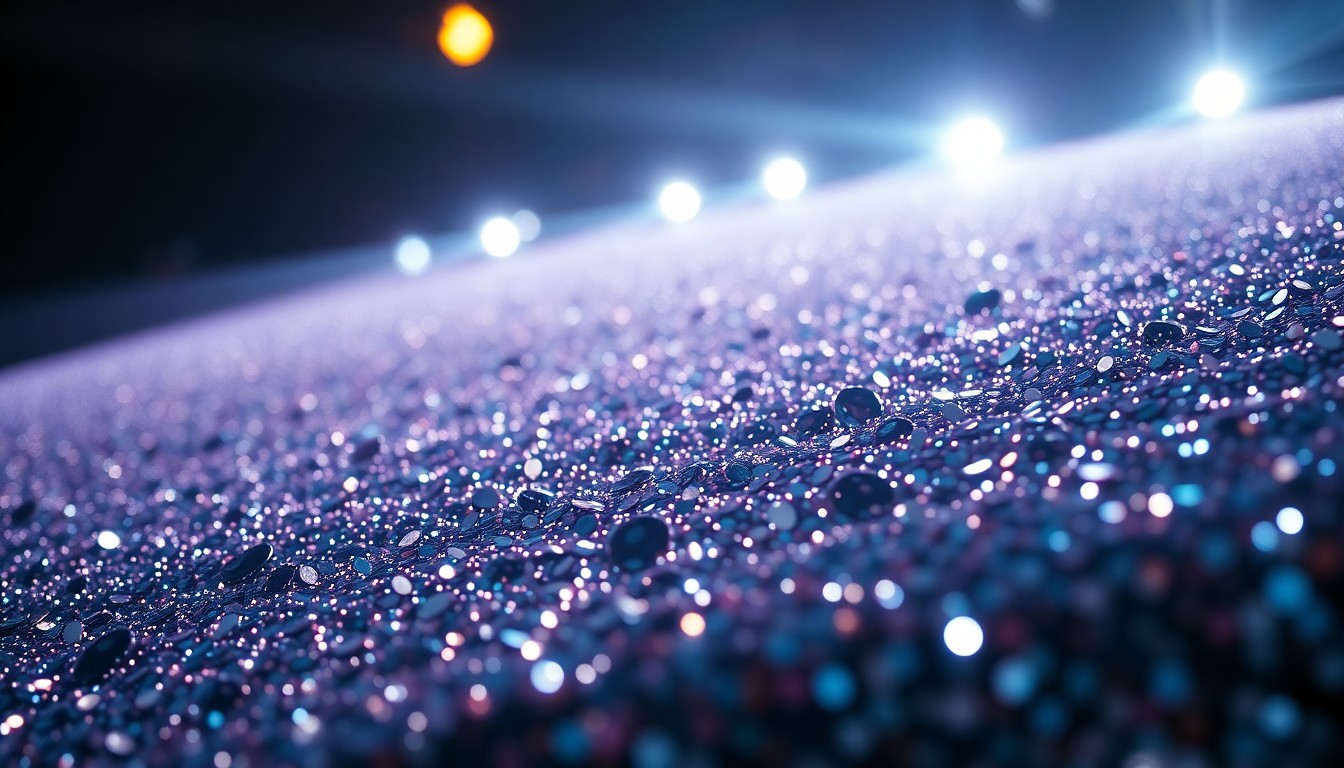 An abstract close-up photograph of shimmering, reflective sequins under dramatic studio lighting, capturing the glamour and energy of a concert stage.