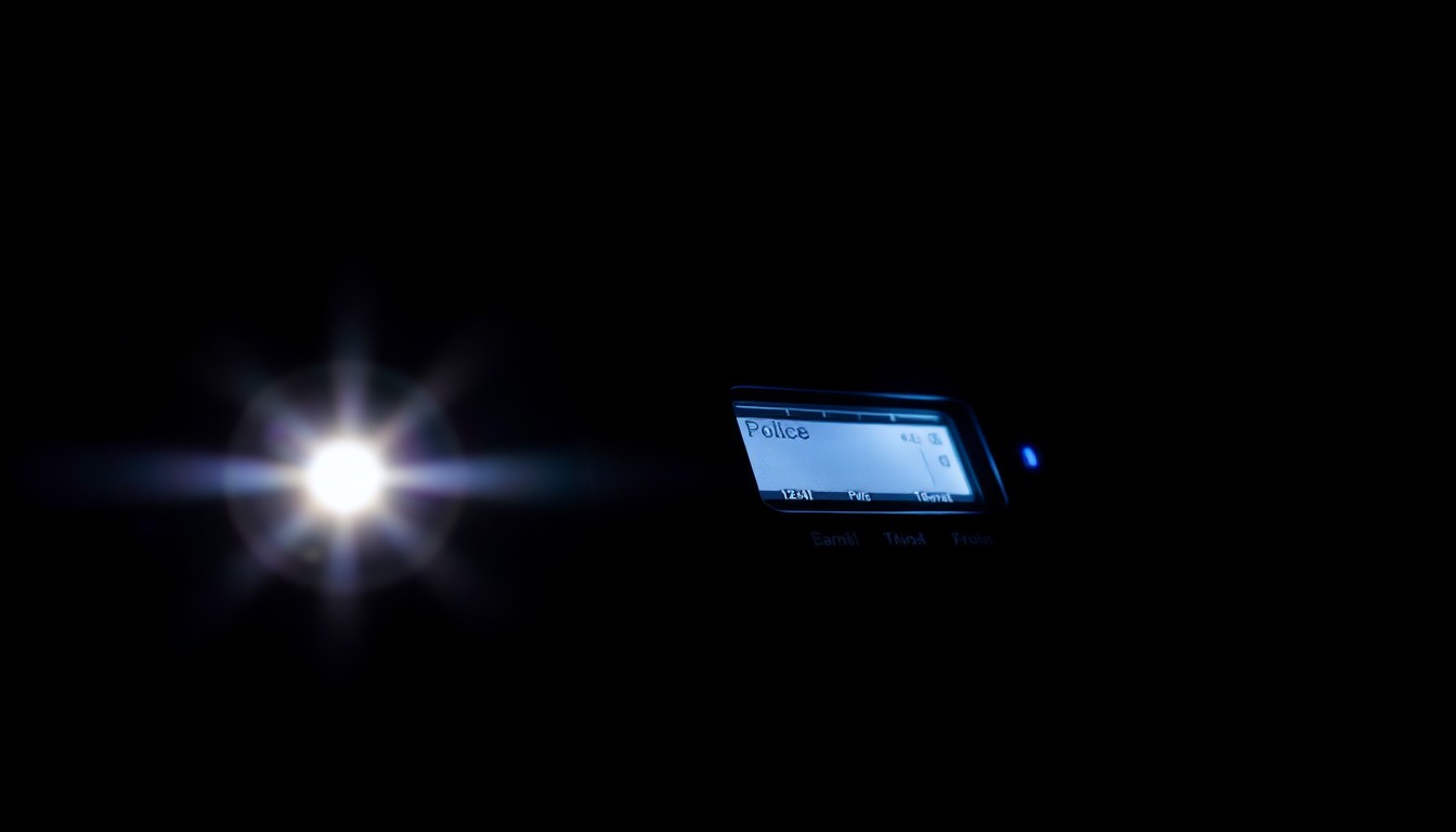 An extreme close-up of a police radio or other law enforcement equipment, lit dramatically by a harsh flash against a dark background, conceptually representing the diverse responsibilities of local police.