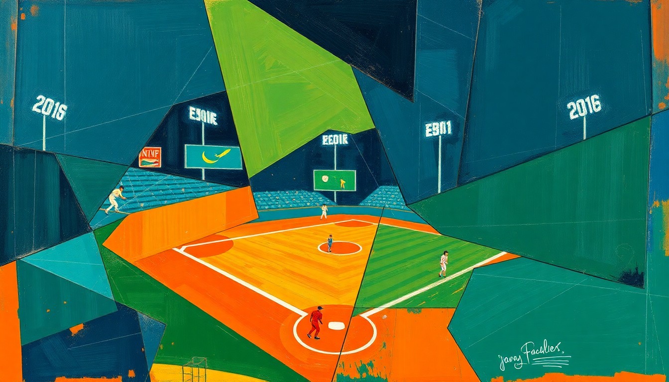 A cubist, geometric painting depicting a baseball game or match, with sharp, overlapping planes of navy blue, forest green, and burnt orange, capturing the dynamic energy and movement of the sport.