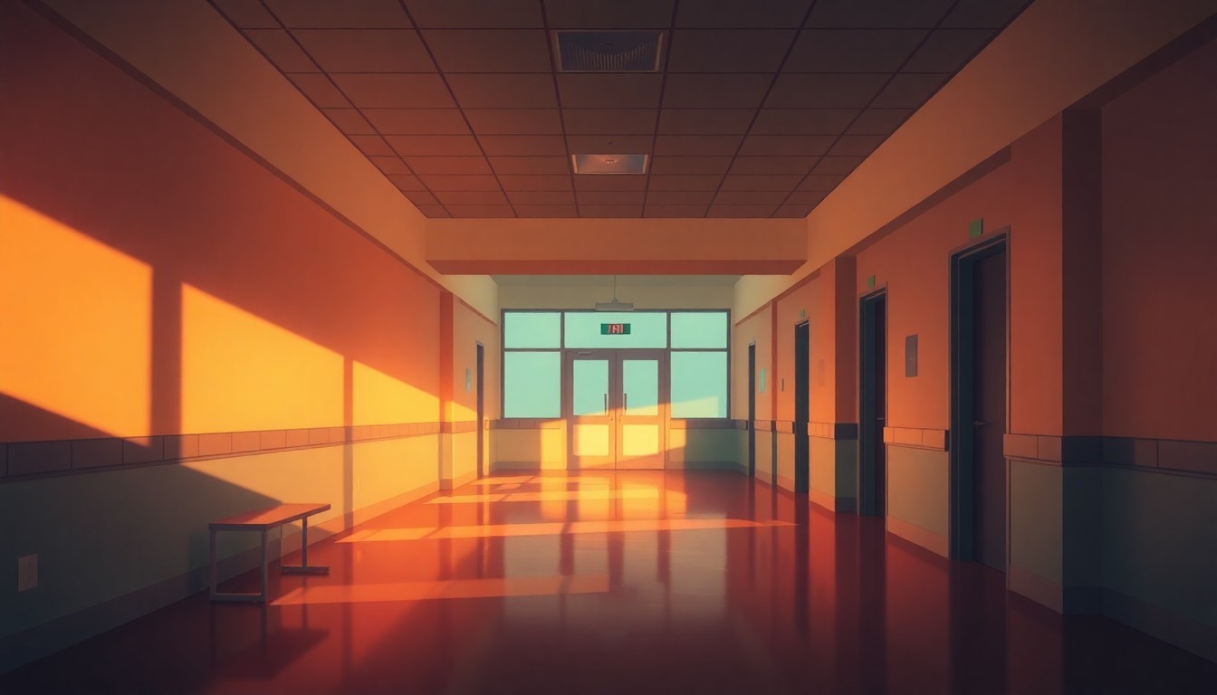 A serene, cinematic painting of an empty hospital lobby with soft, warm lighting and deep shadows, capturing the quiet contemplation of healthcare policy discussions.