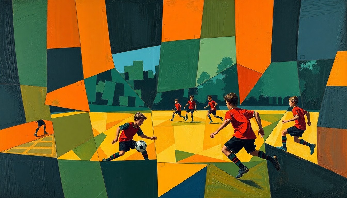 A cubist, geometric painting depicting a boys soccer game, with overlapping planes of navy, green, and orange conveying the dynamic action on the field.