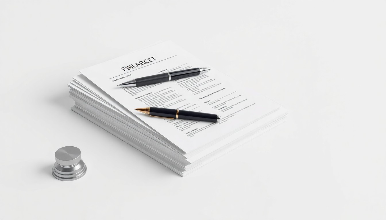 A minimalist studio still life photograph featuring a stack of financial documents, a pen, and a polished metal paperweight on a clean, monochromatic background, conceptually representing the merger of two wealth management firms.
