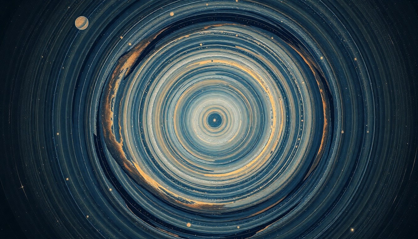 A bold, abstract painting in soft blues, greens, and purples depicting the sweeping spiral arms and central bar of the Milky Way galaxy, rendered in a precise, geometric style that conveys the structural order of the universe.