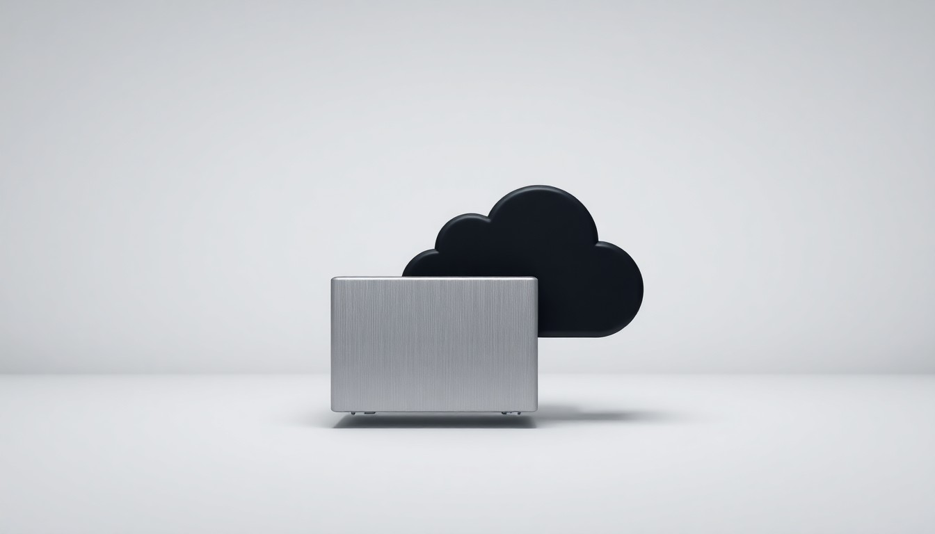 A minimalist, photorealistic studio still life featuring a sleek, metallic data storage device and a smooth, matte-black cloud icon floating on a clean, monochromatic background, conceptually representing the merger of Wasabi's cloud storage solutions and Seagate's Lyve Cloud platform.