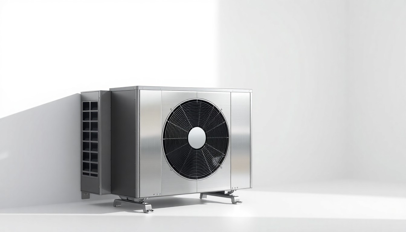 A sleek, modern HVAC outdoor unit made of brushed metal and polished glass, dramatically lit to emphasize its premium, high-tech design.