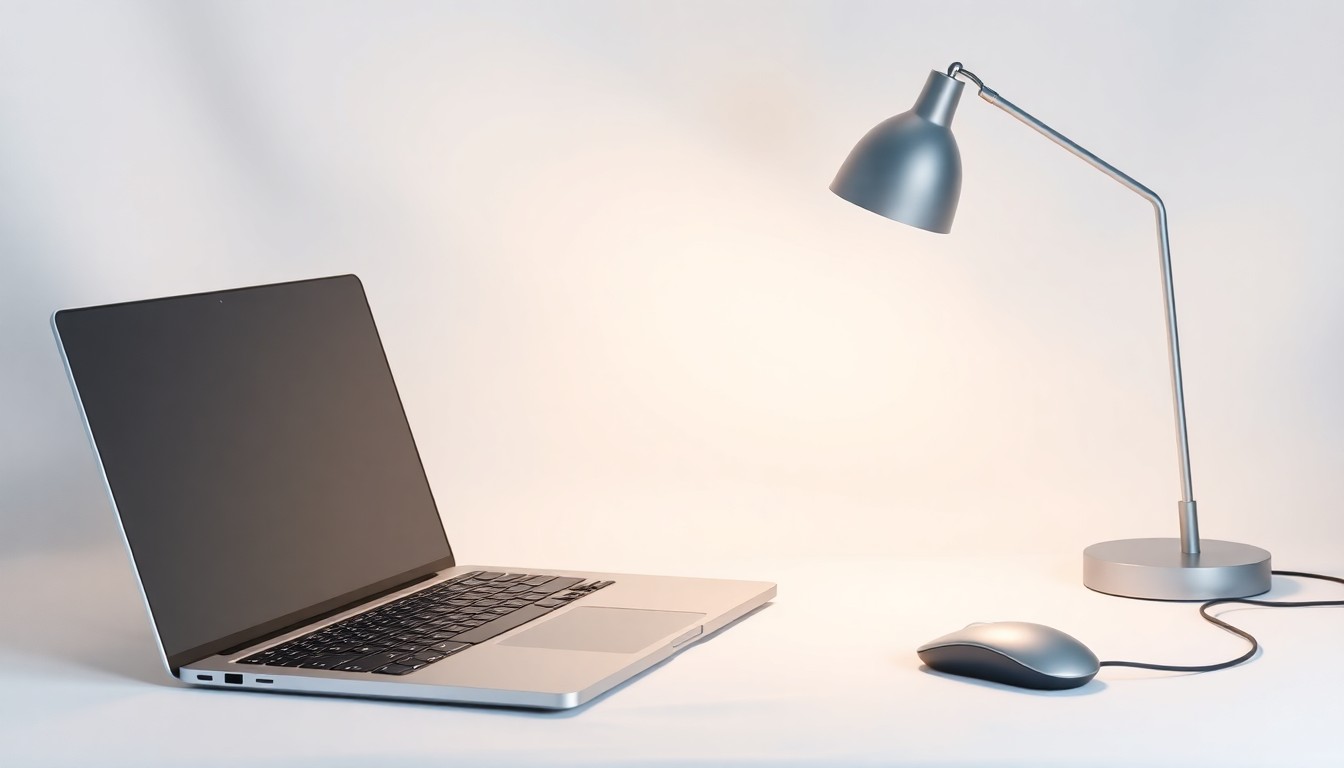 A high-end, photorealistic studio still-life photograph featuring a sleek, metallic laptop, a modern desk lamp, and a minimalist wireless mouse, all arranged elegantly on a clean, white seamless background, conceptually representing the integration of sales, marketing, and video engagement data.