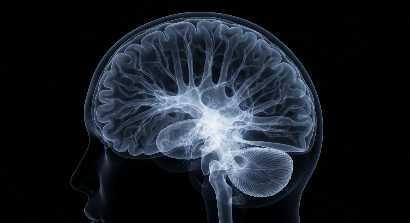 An extreme close-up of a human brain rendered in a translucent X-ray style, with glowing ghostly lines revealing the intricate neural structures, conceptually representing the importance of sleep health technology.