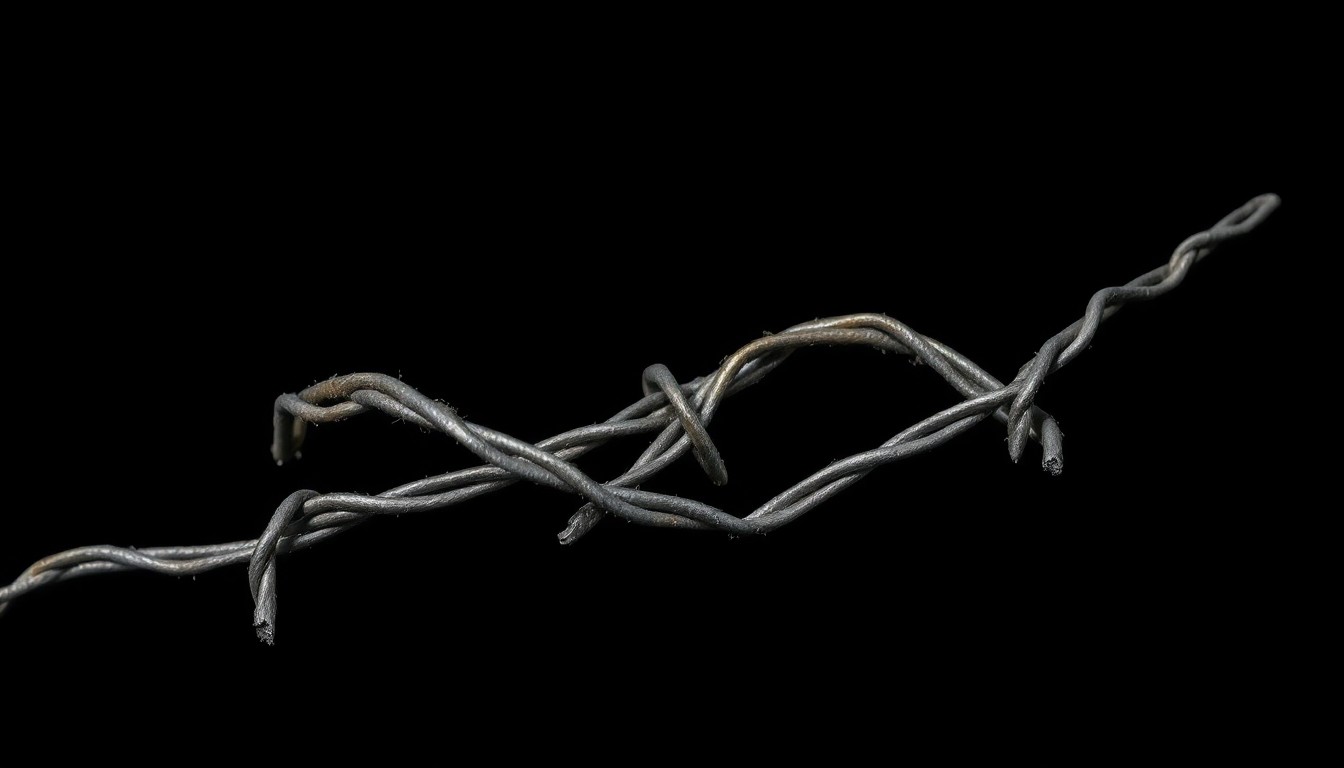 An extreme close-up photograph of twisted, crumpled metal rebar against a pitch-black background, conceptually illustrating the aftermath of a construction site collapse.