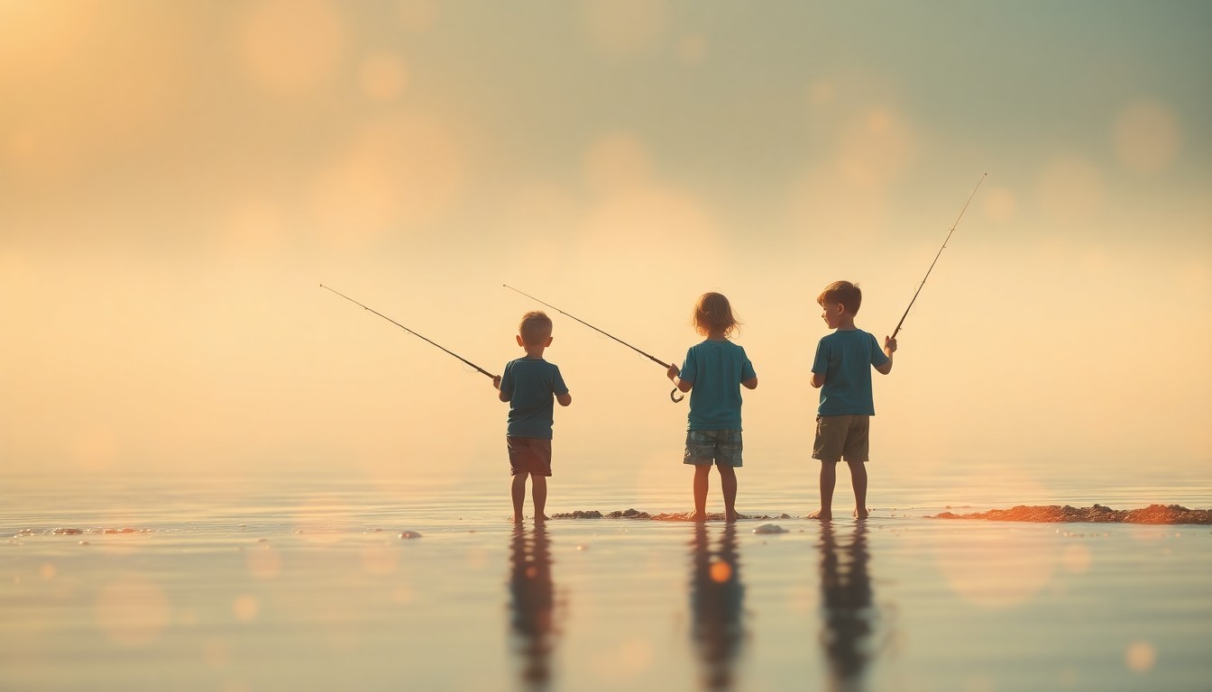 An extremely abstracted, out-of-focus photograph of children fishing at the edge of a lake, with soft, warm pools of light and color creating a dreamlike, atmospheric scene.