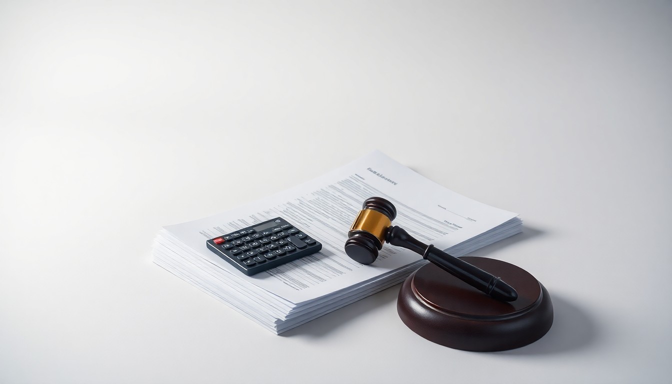 A minimalist studio still life featuring a stack of financial documents, a calculator, and a gavel arranged elegantly on a clean, monochromatic background, conveying the precision and authority of forensic accounting and business valuation services.
