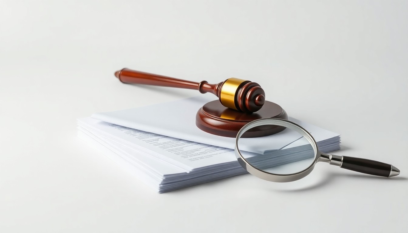 A high-end studio still life photograph featuring a polished metal gavel, a stack of legal documents, and a magnifying glass, conceptually representing the abstract themes of corporate governance, securities law, and investor protection.