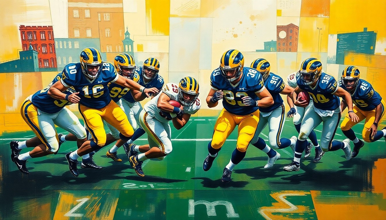 A cubist, geometric painting depicting the fragmented movements and perspectives of a college football running play, conveying the disruption caused by an injury to the team's backfield.
