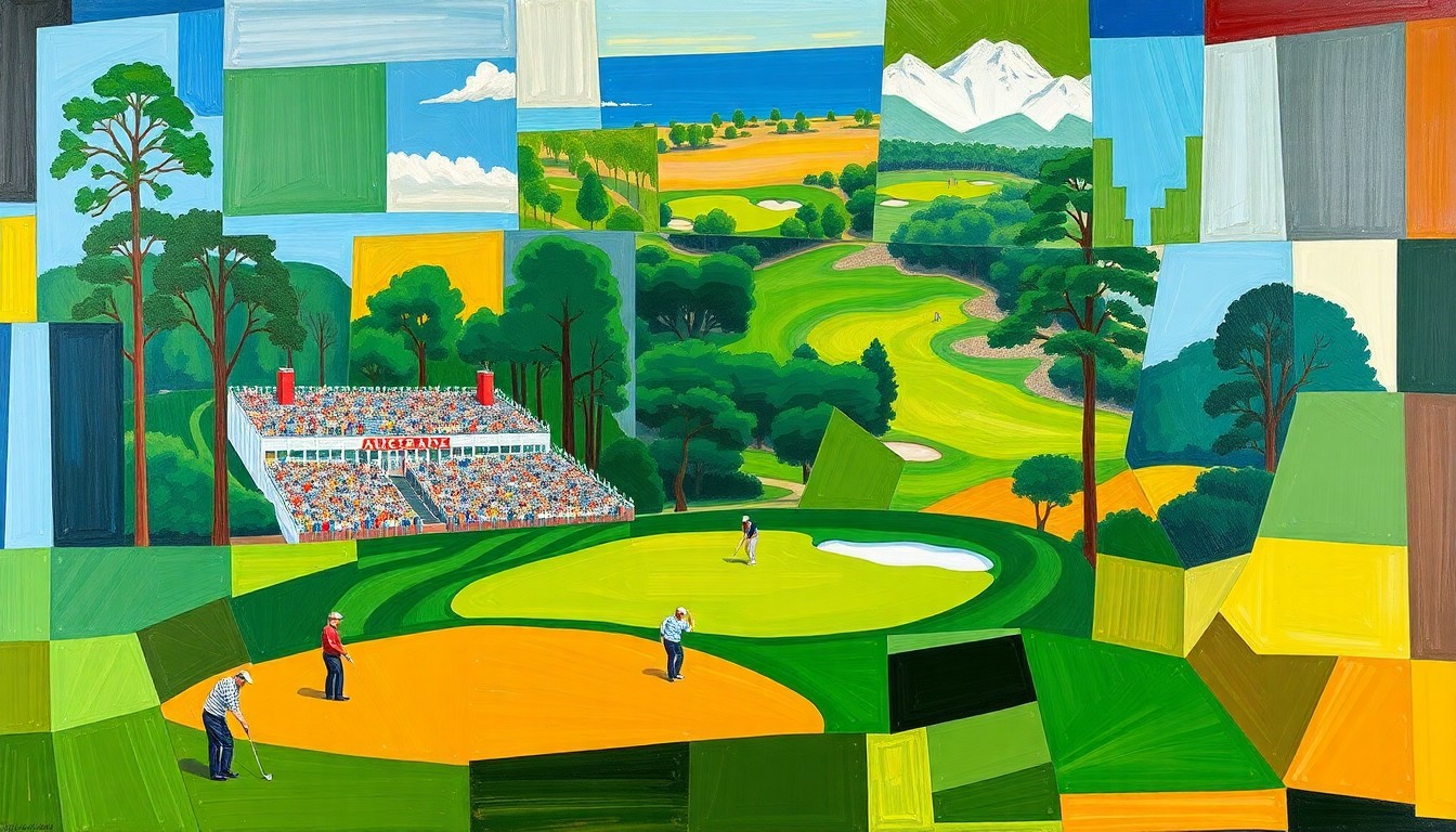 A fractured, multi-perspective painting in Cubist style, breaking down a golf tournament scene into sharp, overlapping geometric planes of vibrant greens, blues, and golds representing the lush Augusta National course.