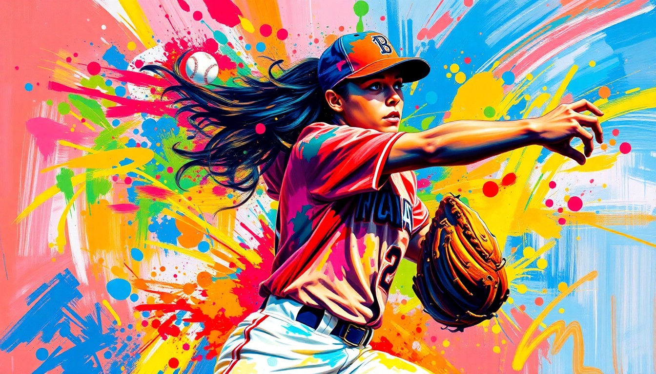 An extreme close-up of Mo'ne Davis mid-pitch, with her body and uniform dissolving into a vibrant, energetic expressionist painting of neon colors and rapid brushstrokes, capturing the raw power and athleticism of her pitching motion.