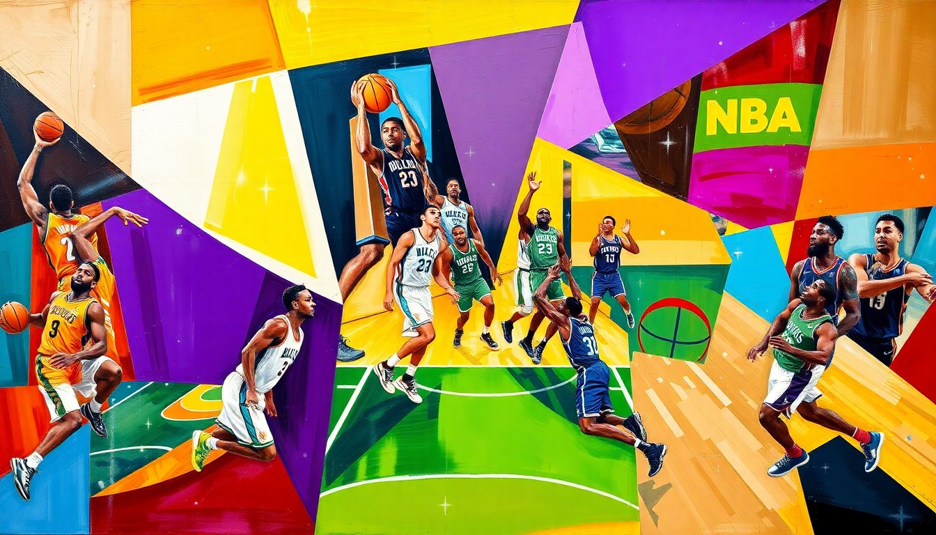 A fractured, geometric painting depicting various NBA players in action, their forms broken down into sharp, overlapping planes of vibrant colors representing the teams mentioned in the story.
