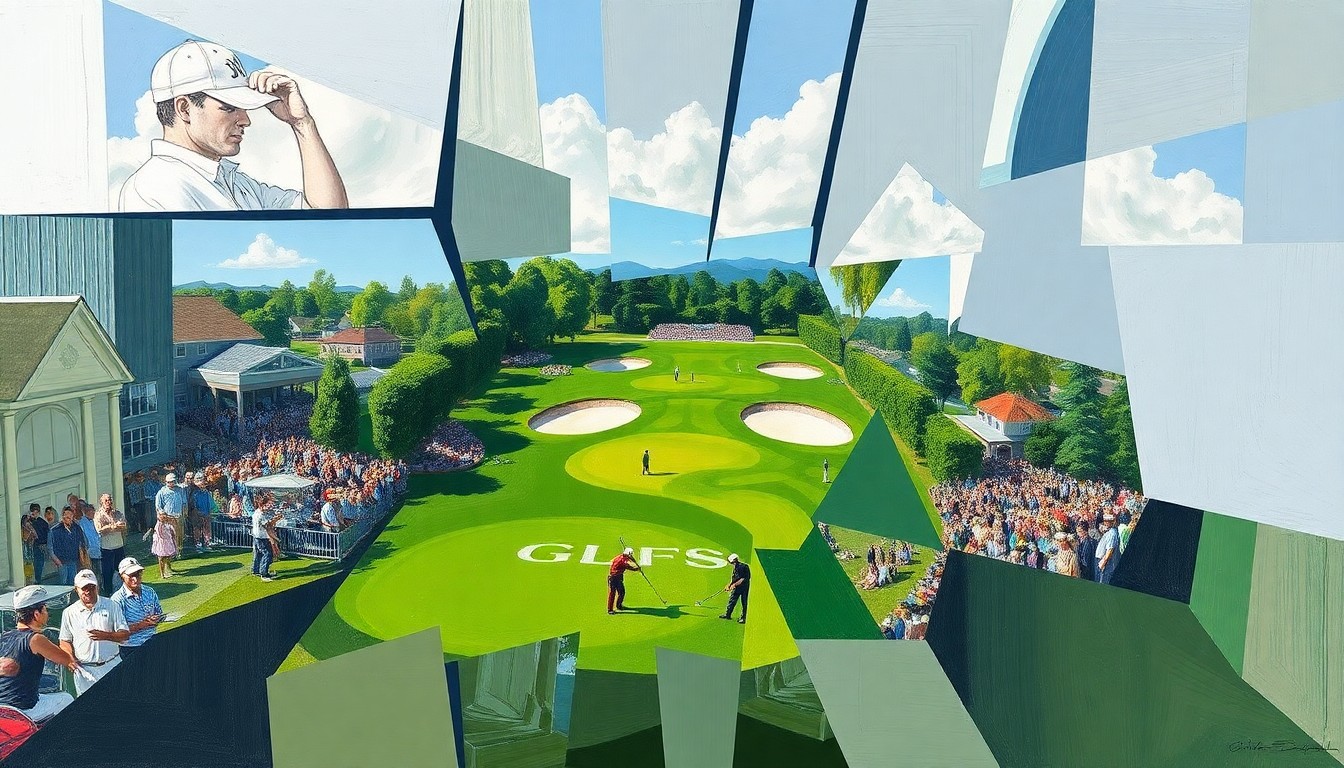 A cubist, geometric painting depicting various elements of a golf tournament, such as players, clubs, and the course, broken down into sharp, overlapping shapes and planes, conveying the intricate and multifaceted nature of enforcing the rules of the game.