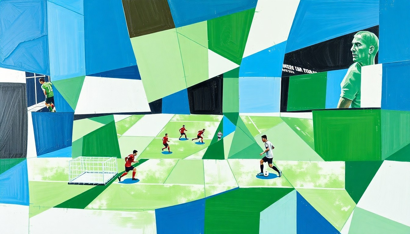 A fractured, cubist-style painting depicting a soccer match or training session, with players and the field broken down into sharp, overlapping geometric shapes in shades of blue, green, and white, conveying the disruption and challenge posed by Gilliead's injury.